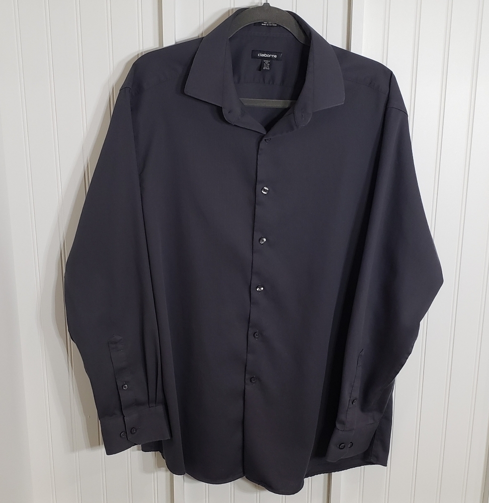 Claiborne Dress Shirt Wrinkle Free Fitted Long Sleeve Charcoal 17 1/2 XL